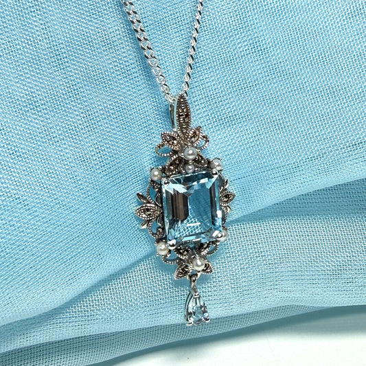 Real blue topaz and real freshwater pearl necklace pendant with real marcasite stones