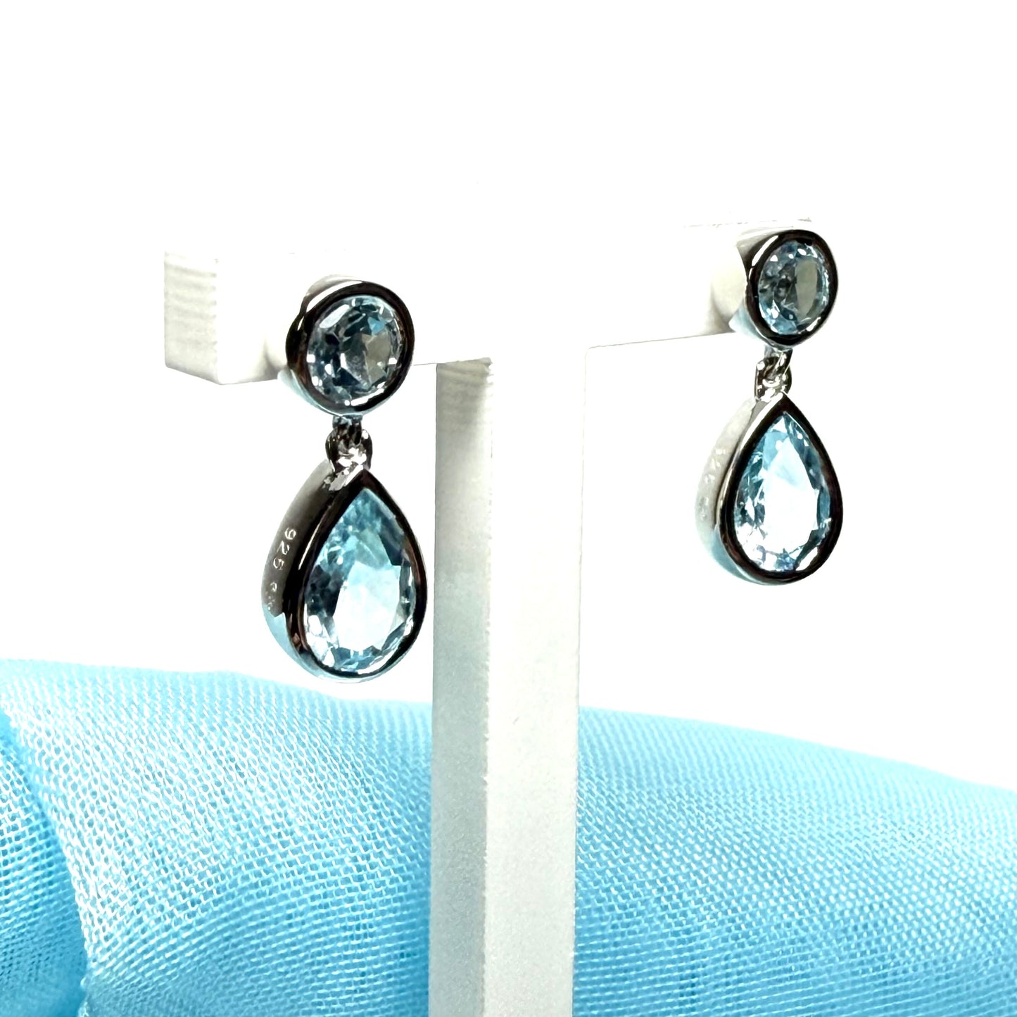 Real blue topaz double drop earrings sterling silver rubbed over