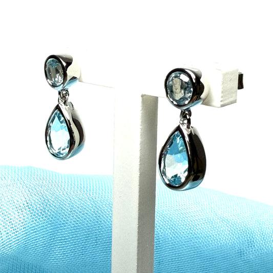 Real blue topaz double drop earrings sterling silver rubbed over