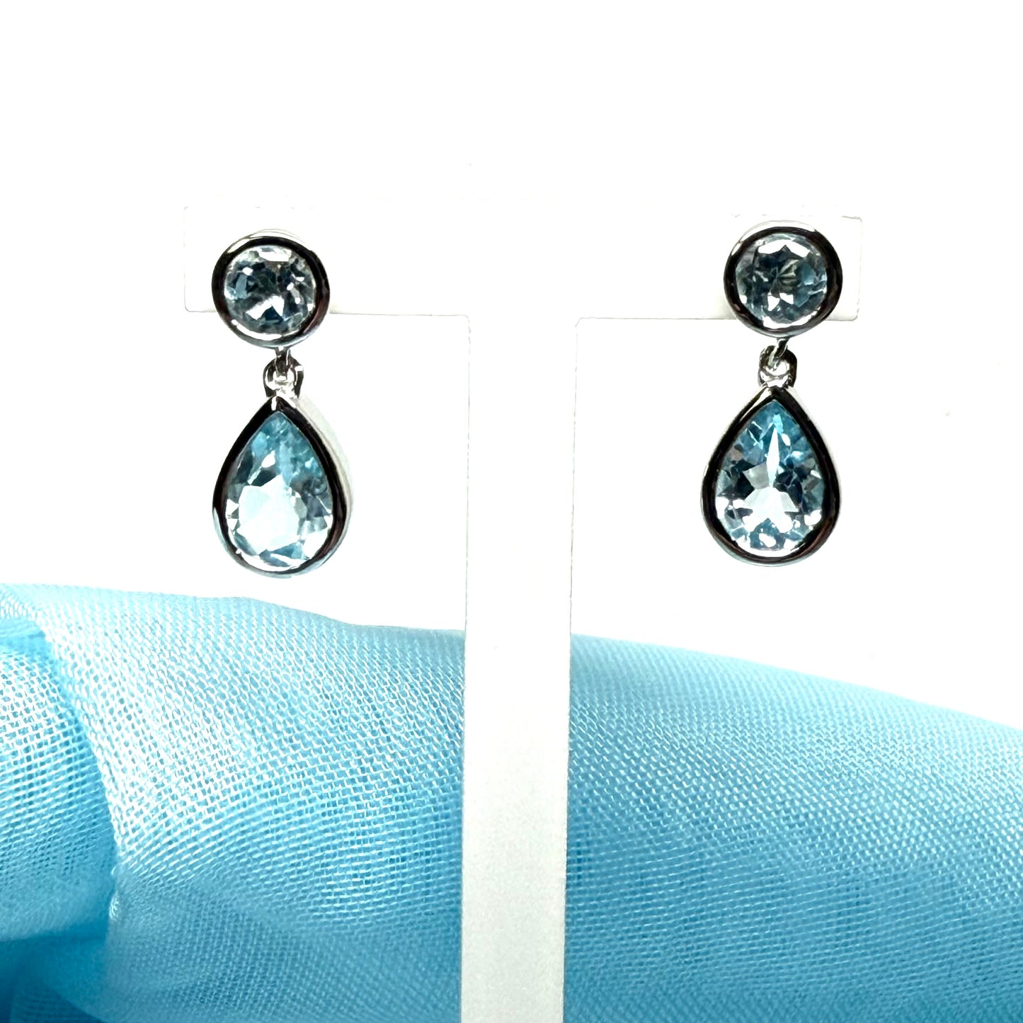 Real blue topaz double drop earrings sterling silver rubbed over