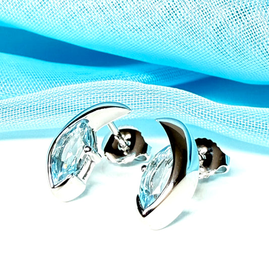 Real blue topaz earrings fancy stud swirl marquise shape