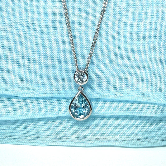 Real blue topaz necklace double round and pear teardrop fancy sterling silver pendant