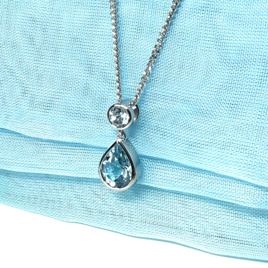 Real blue topaz necklace double round and pear teardrop fancy sterling silver pendant