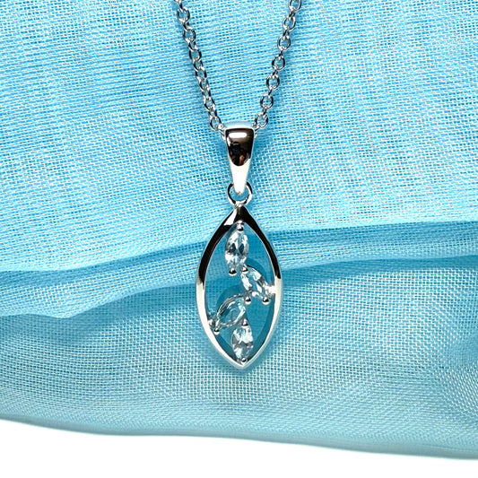 Real blue topaz necklace pendant marquise shaped sterling silver