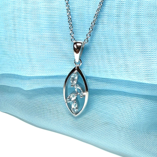 Real blue topaz necklace pendant marquise shaped sterling silver