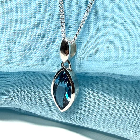 Real blue topaz necklace pendant marquise smooth rub over setting