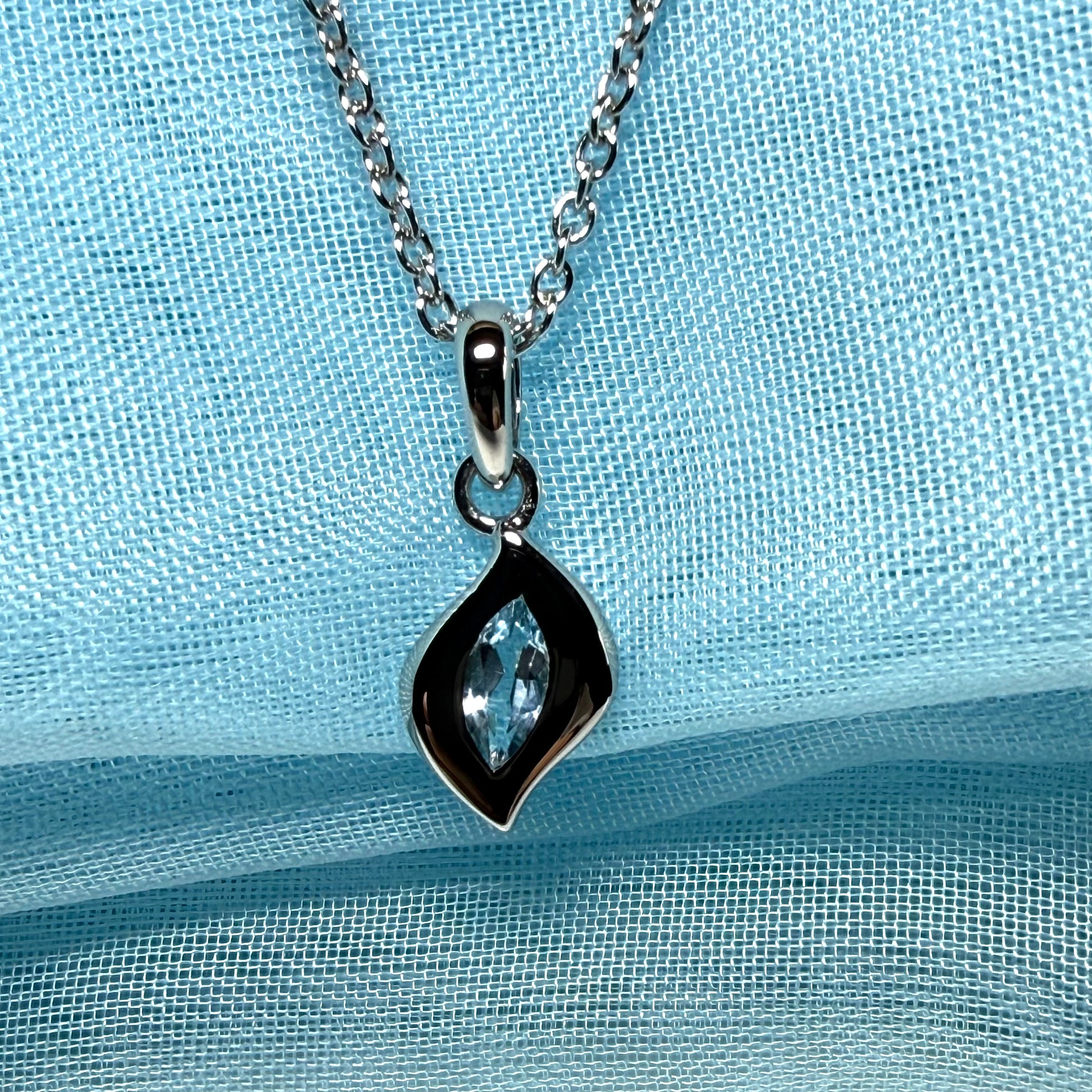 Real blue topaz petite necklace fancy marquise shaped stone