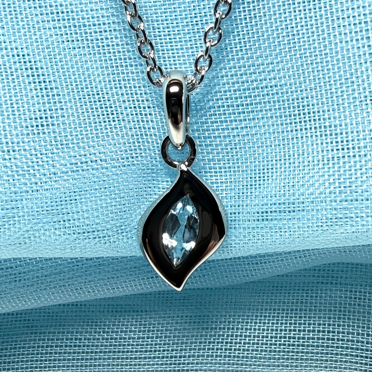 Real blue topaz petite necklace fancy marquise shaped stone