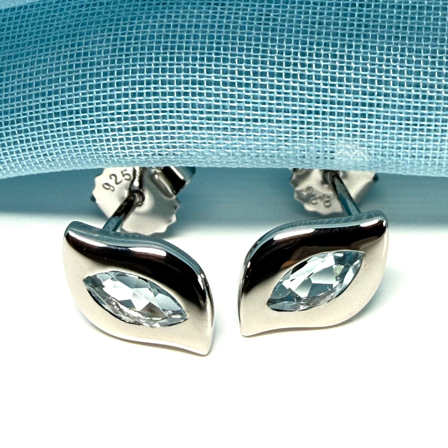 Real blue topaz petite pair of earrings fancy marquise shaped stones