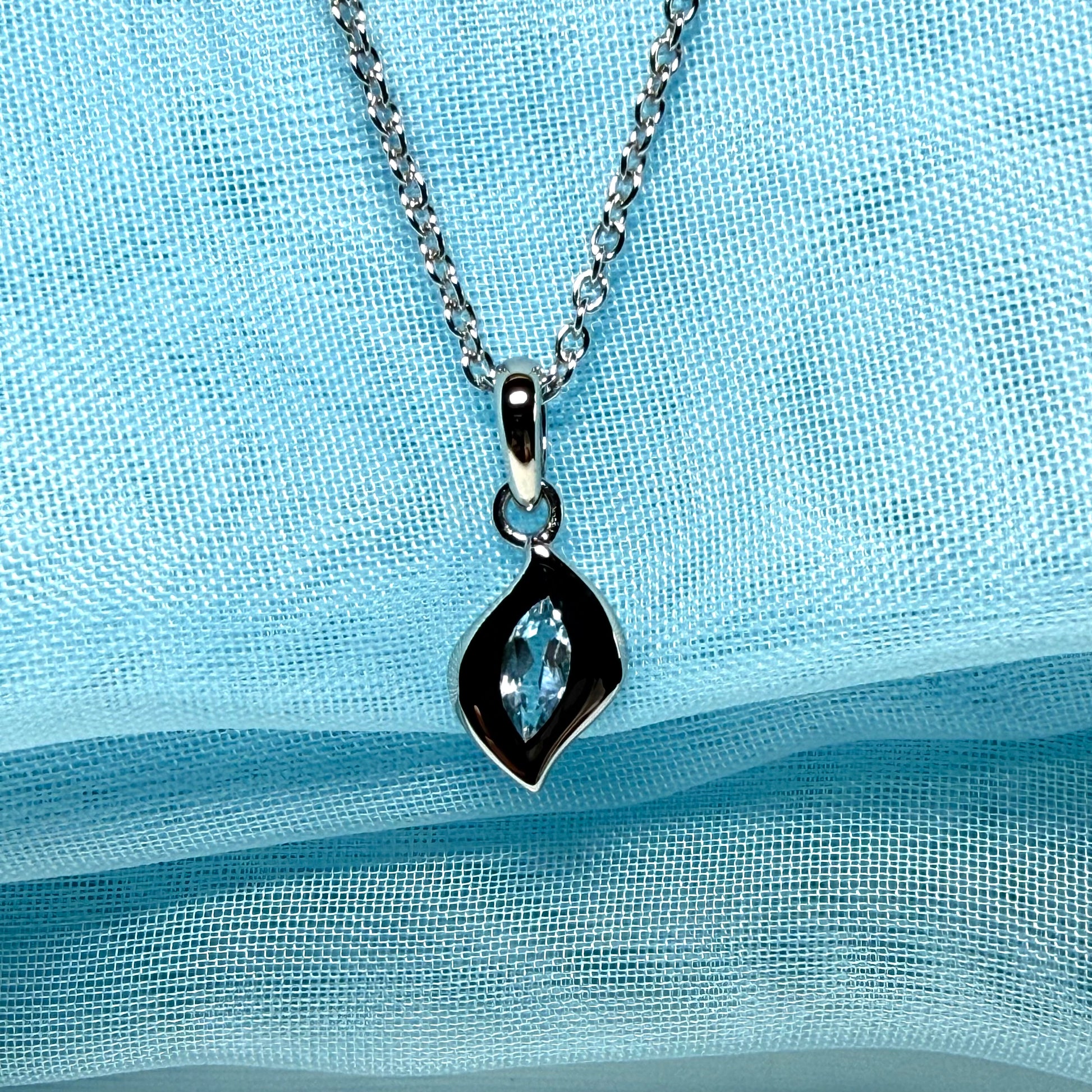 Real blue topaz petite necklace fancy marquise shaped stone