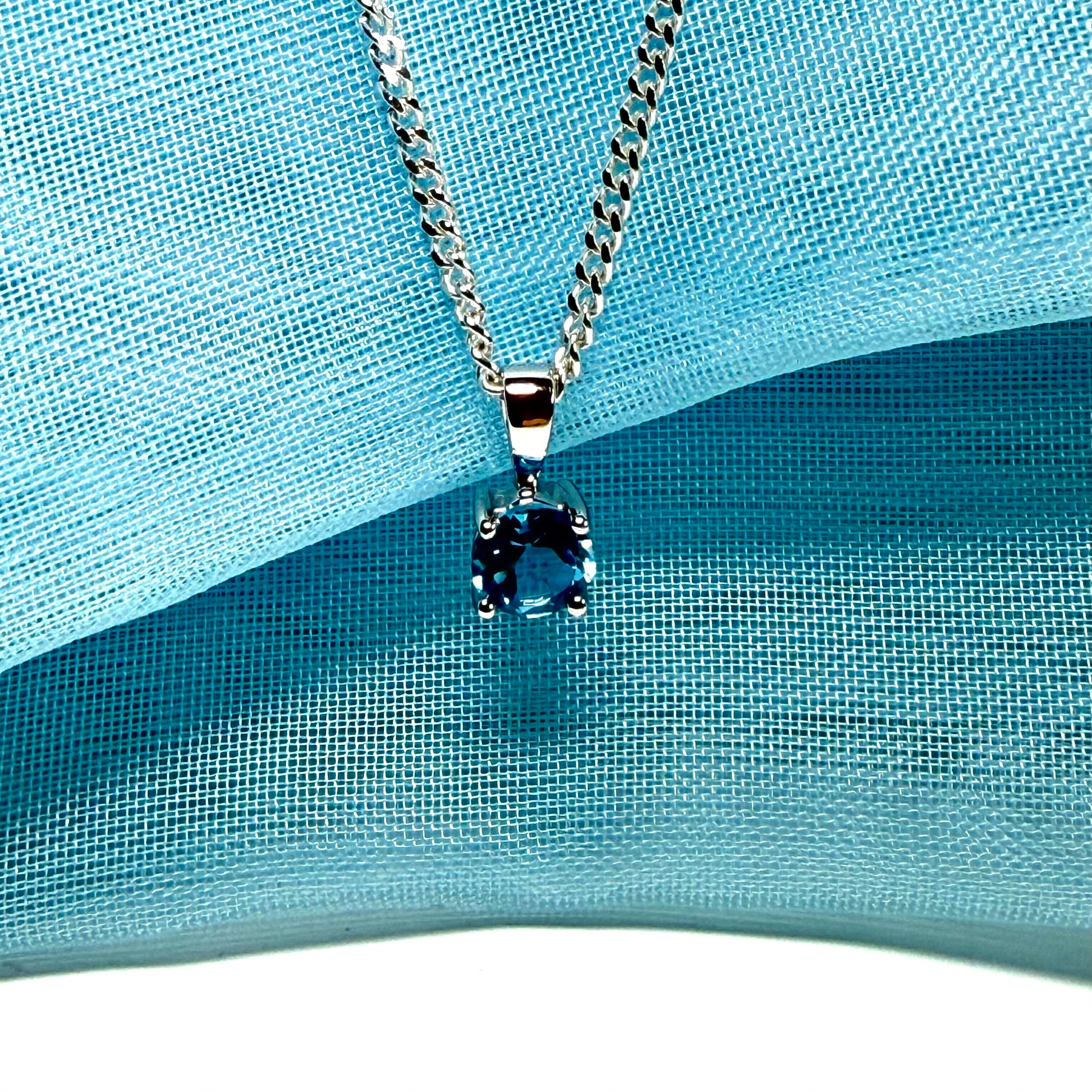Real blue topaz round necklace white gold pendant