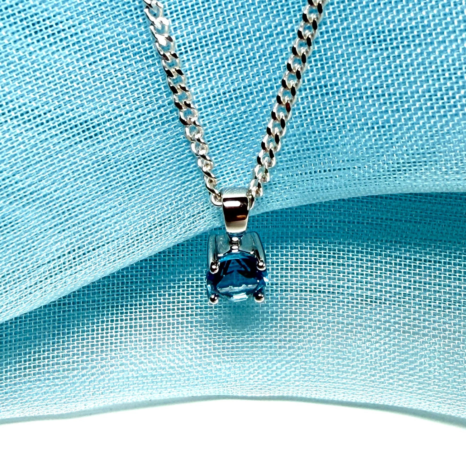Real blue topaz round necklace white gold pendant