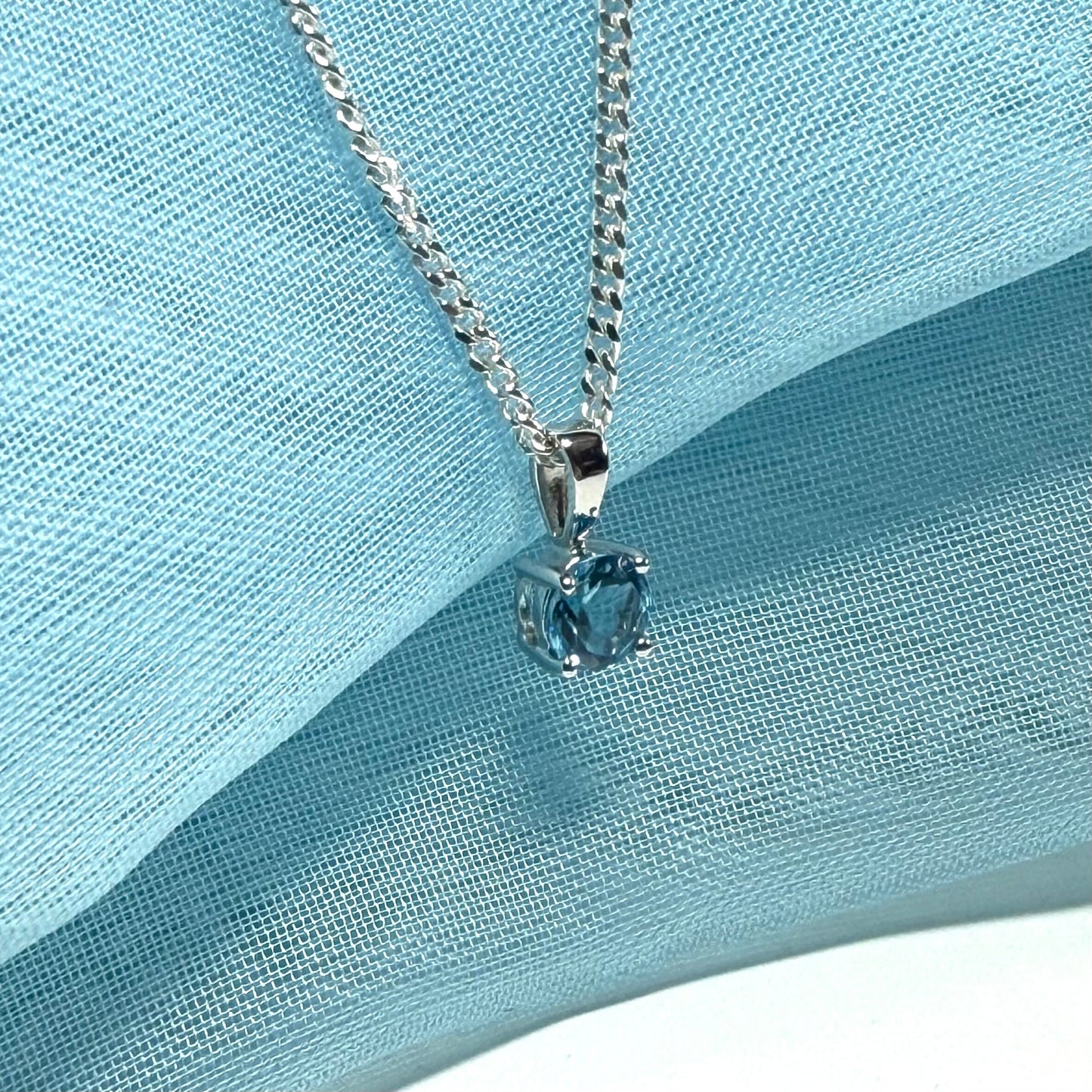 Real blue topaz round necklace white gold pendant