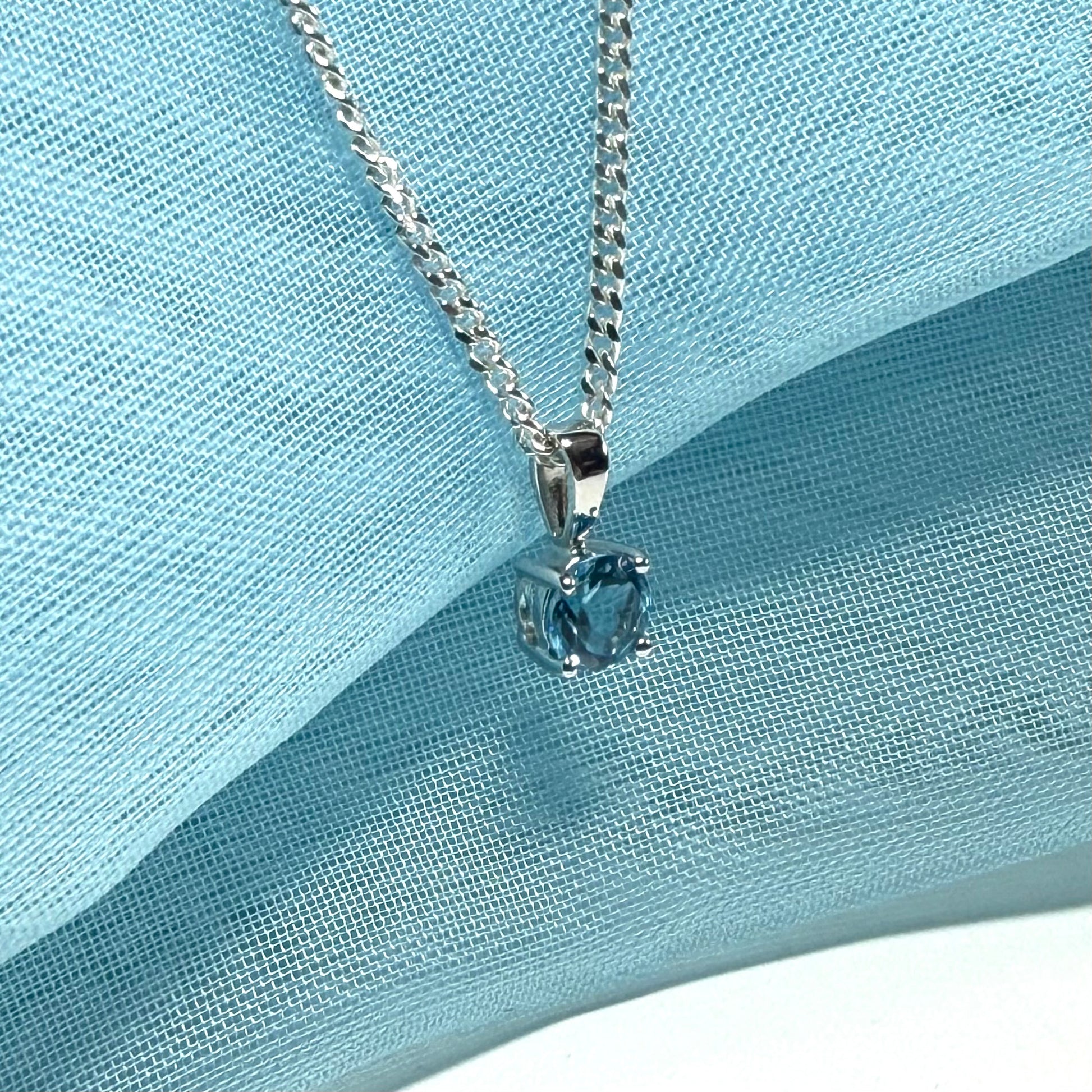 Real blue topaz round necklace white gold pendant