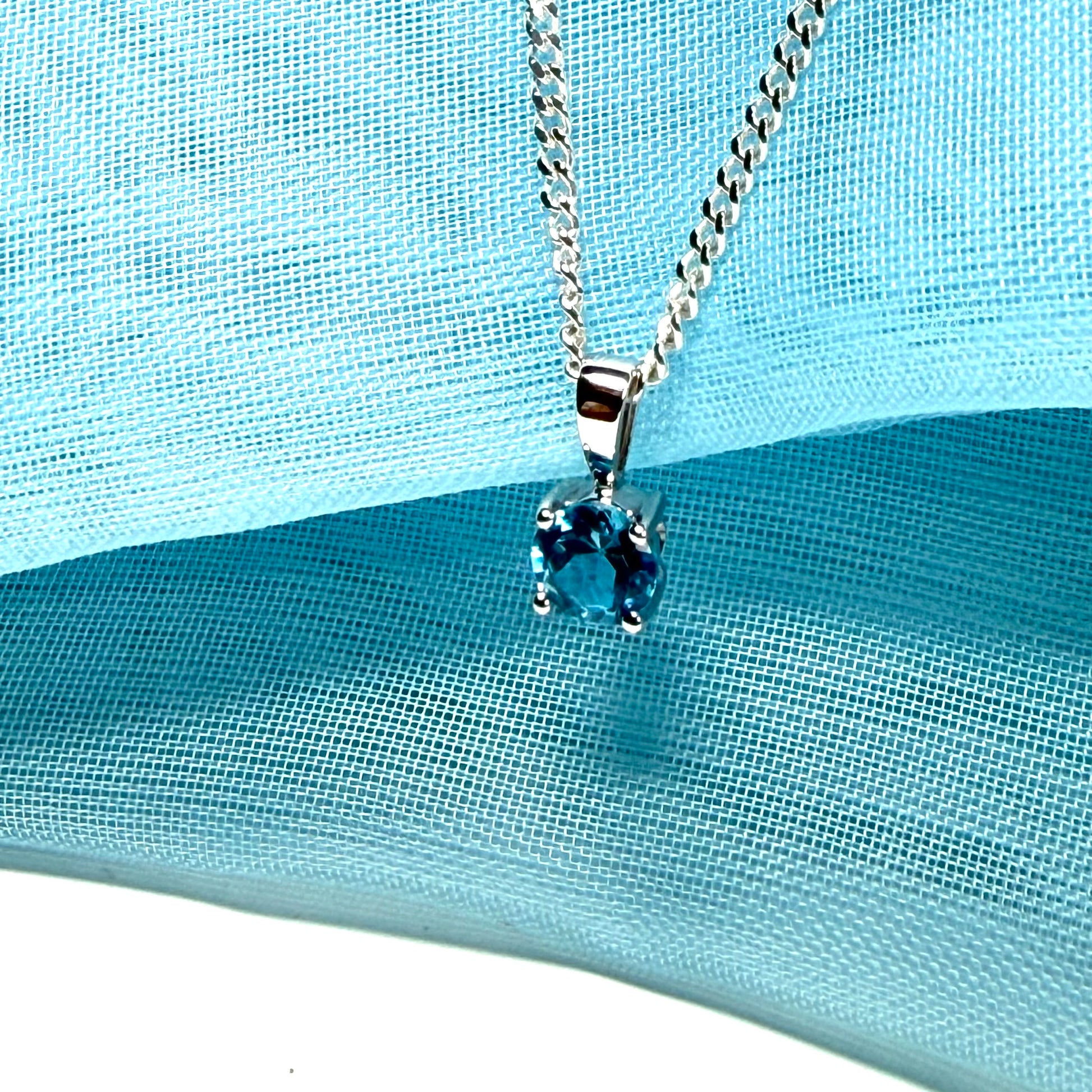 Real blue topaz round necklace white gold pendant
