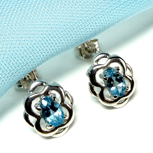 Blue topaz sterling silver oval shaped Celtic stud earrings