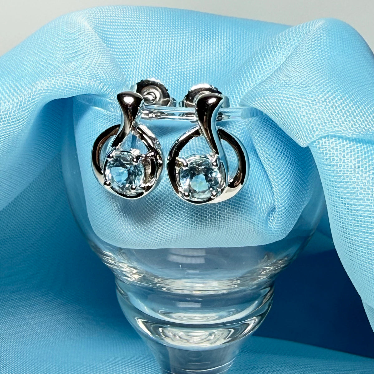Real blue topaz stud drop earrings fancy round twisted swirl designed
