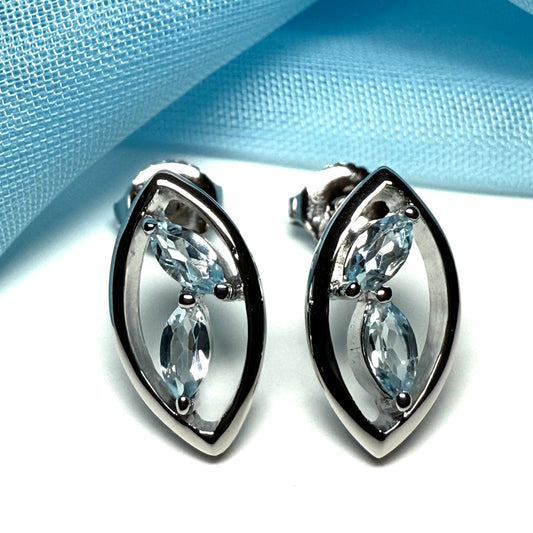 Real blue topaz stud earrings marquise shaped sterling silver