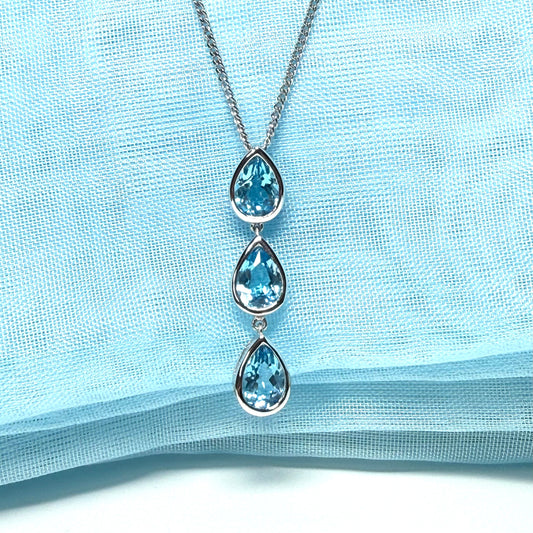 Real blue topaz triple necklace pear shaped white gold teardrop pendant