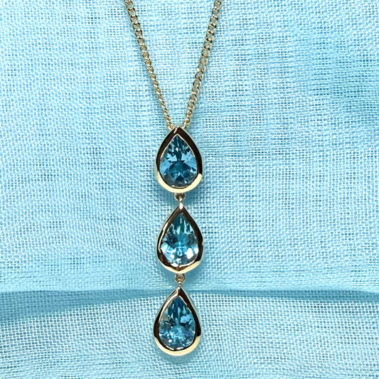 Real blue topaz triple necklace pear shaped yellow gold teardrop pendant