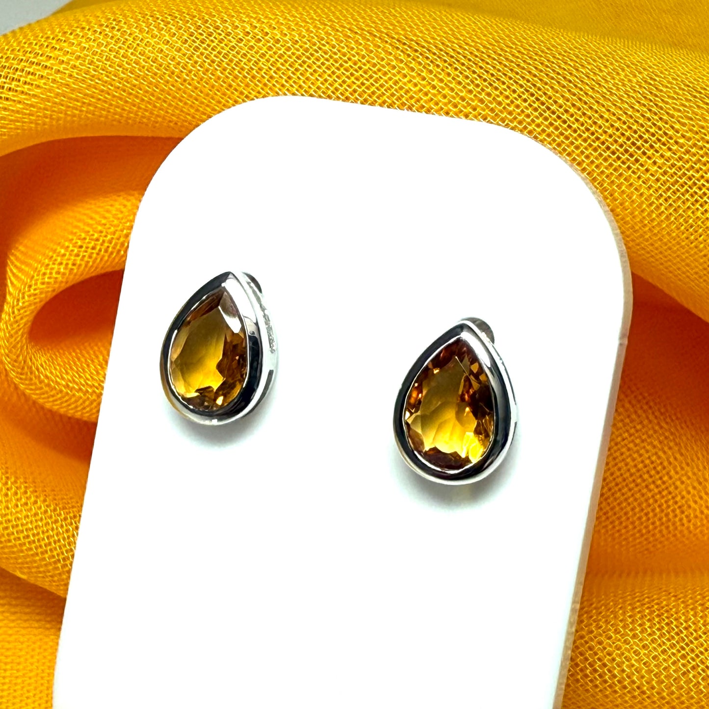 Real citrine earrings fancy stud pear teardrop shape white gold