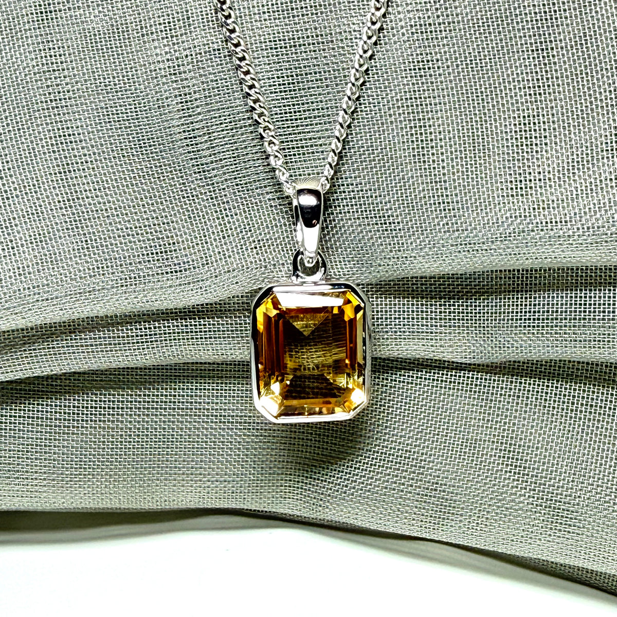 Real citrine necklace sterling silver rectangle shaped pendant with a chain