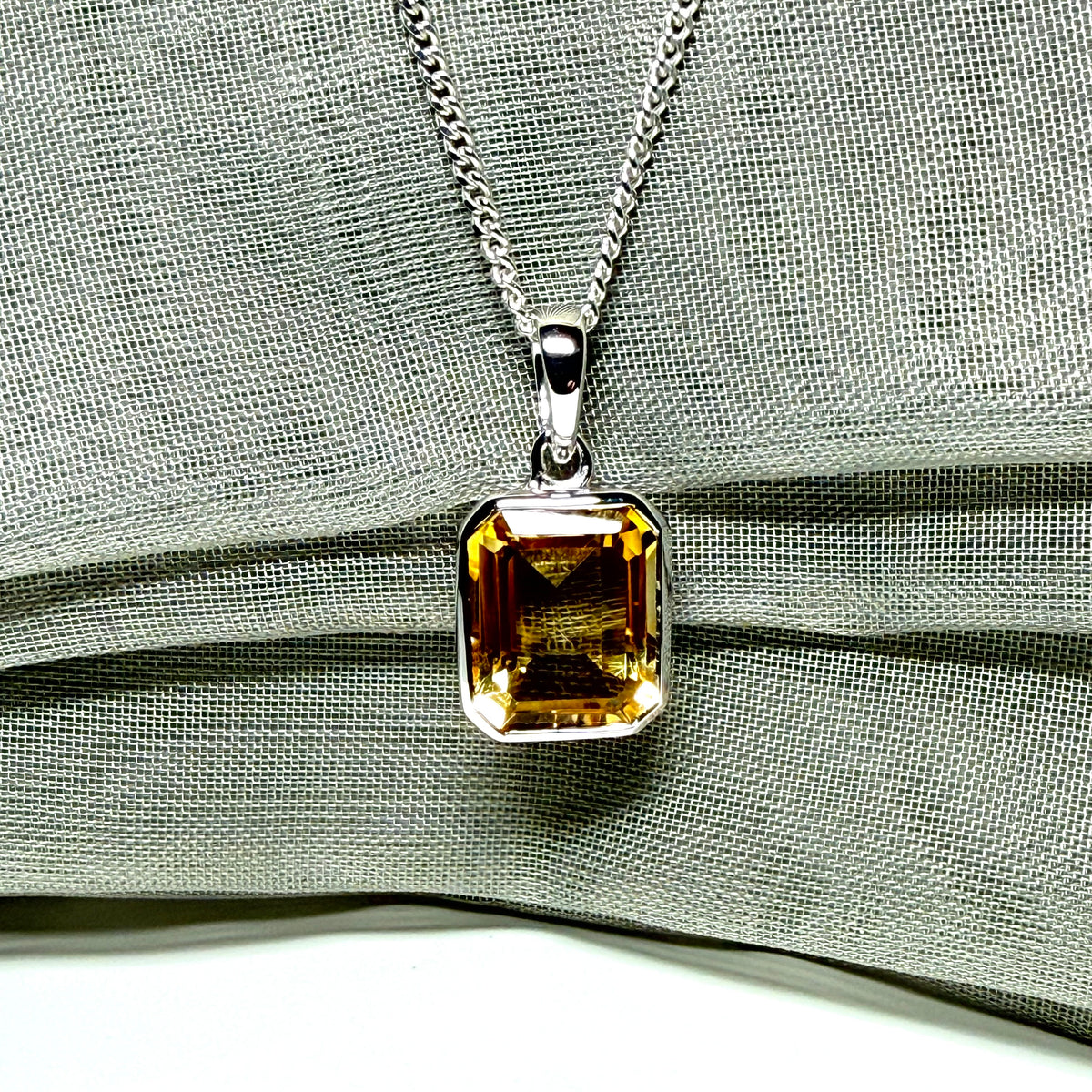 Real citrine necklace sterling silver rectangle shaped pendant with a chain