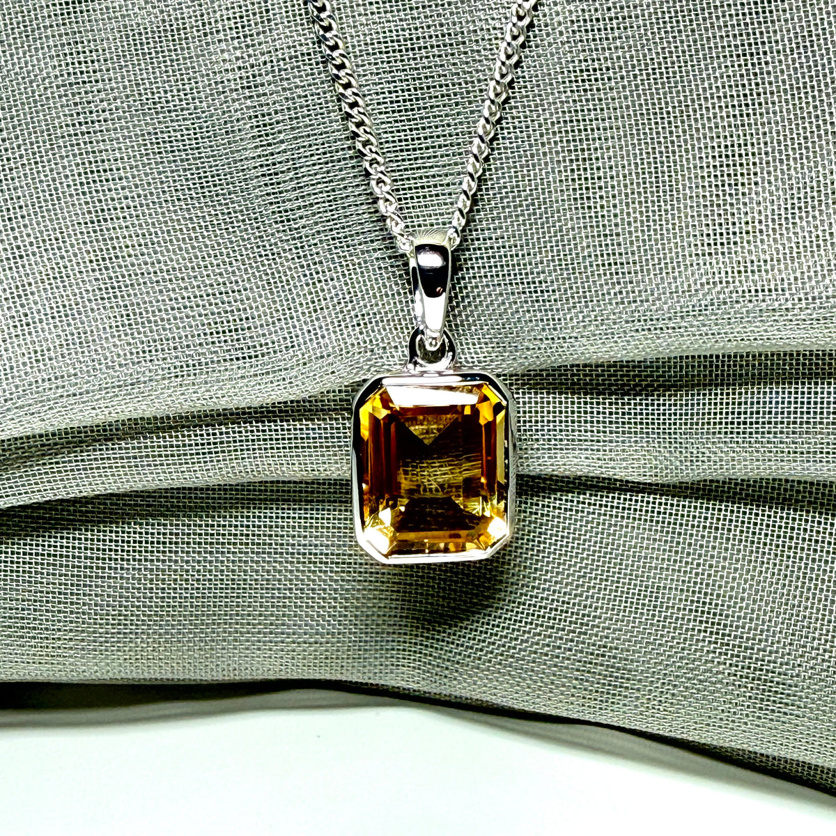 Real citrine necklace sterling silver rectangle shaped pendant