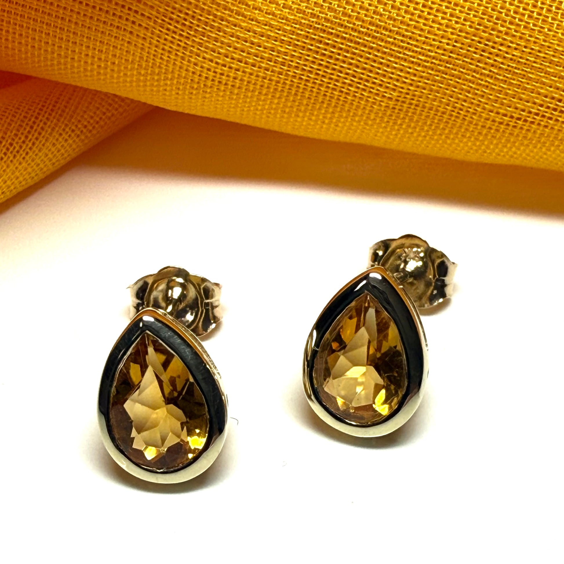 Real citrine stud earrings pear shaped yellow gold plated sterling silver teardrop