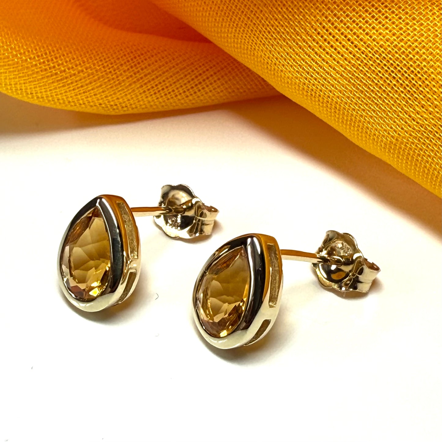 Real citrine stud earrings pear shaped yellow gold plated sterling silver teardrop