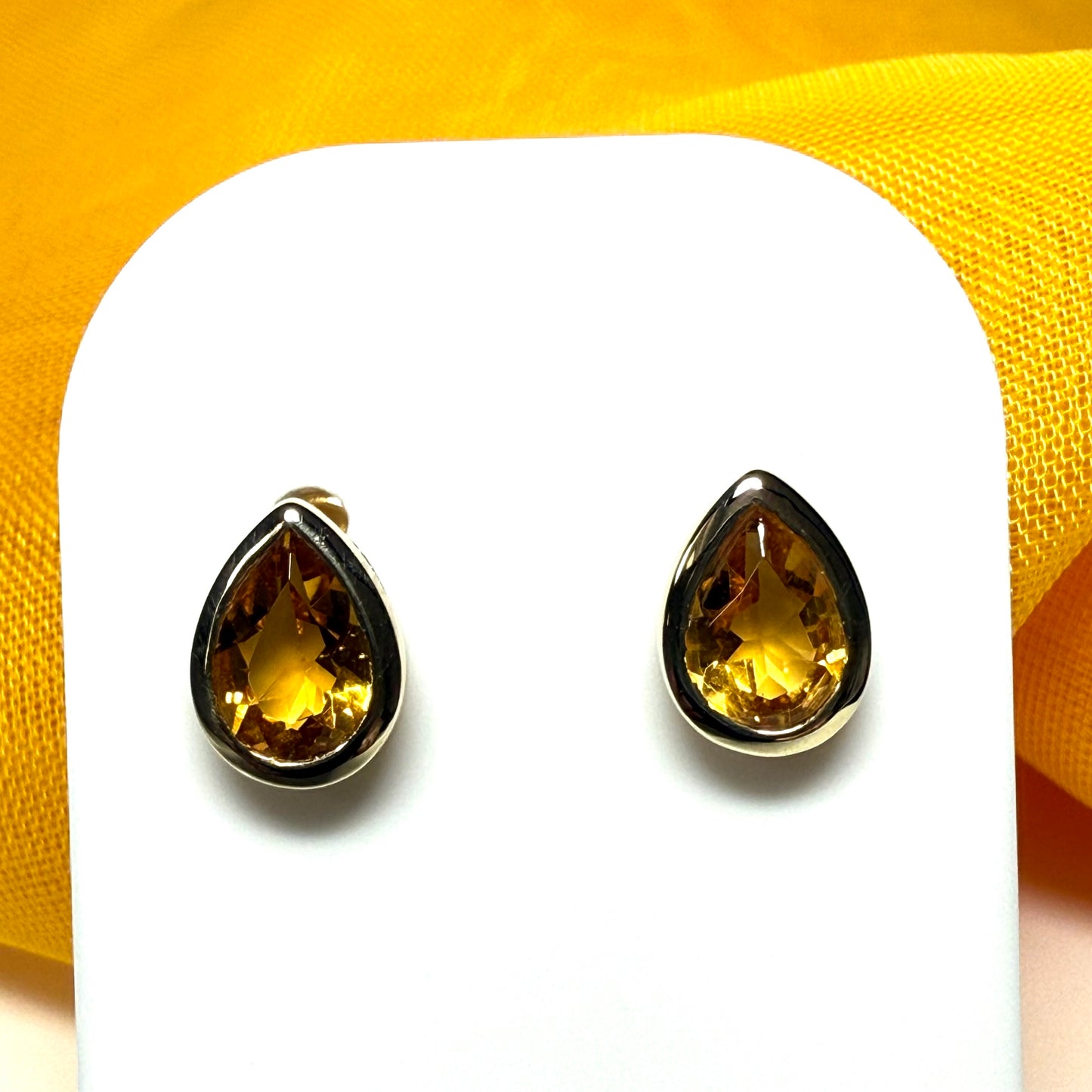 Real citrine stud earrings pear shaped yellow gold sterling silver teardrop