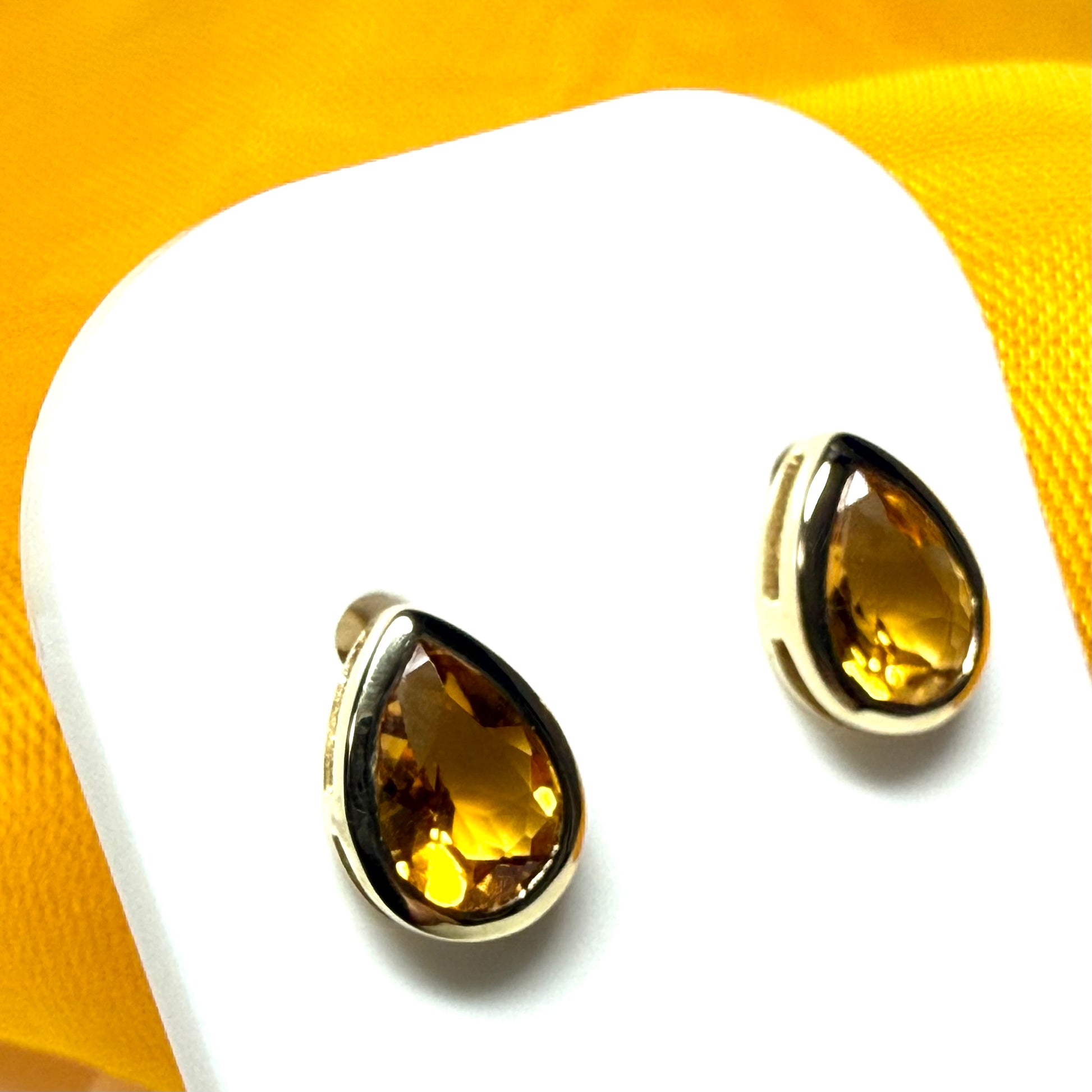 Real citrine stud earrings pear shaped yellow gold sterling silver teardrop