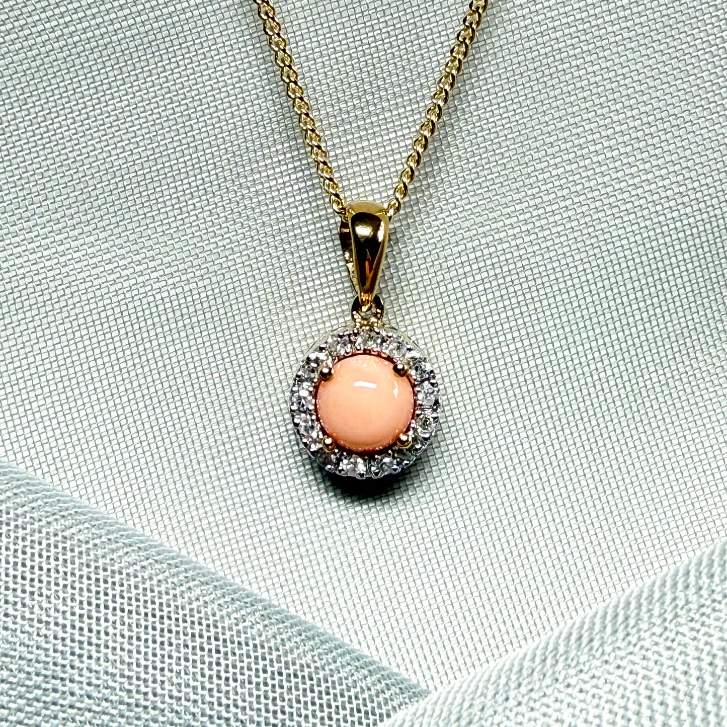 Real coral necklace with real diamond yellow gold round cluster pendant