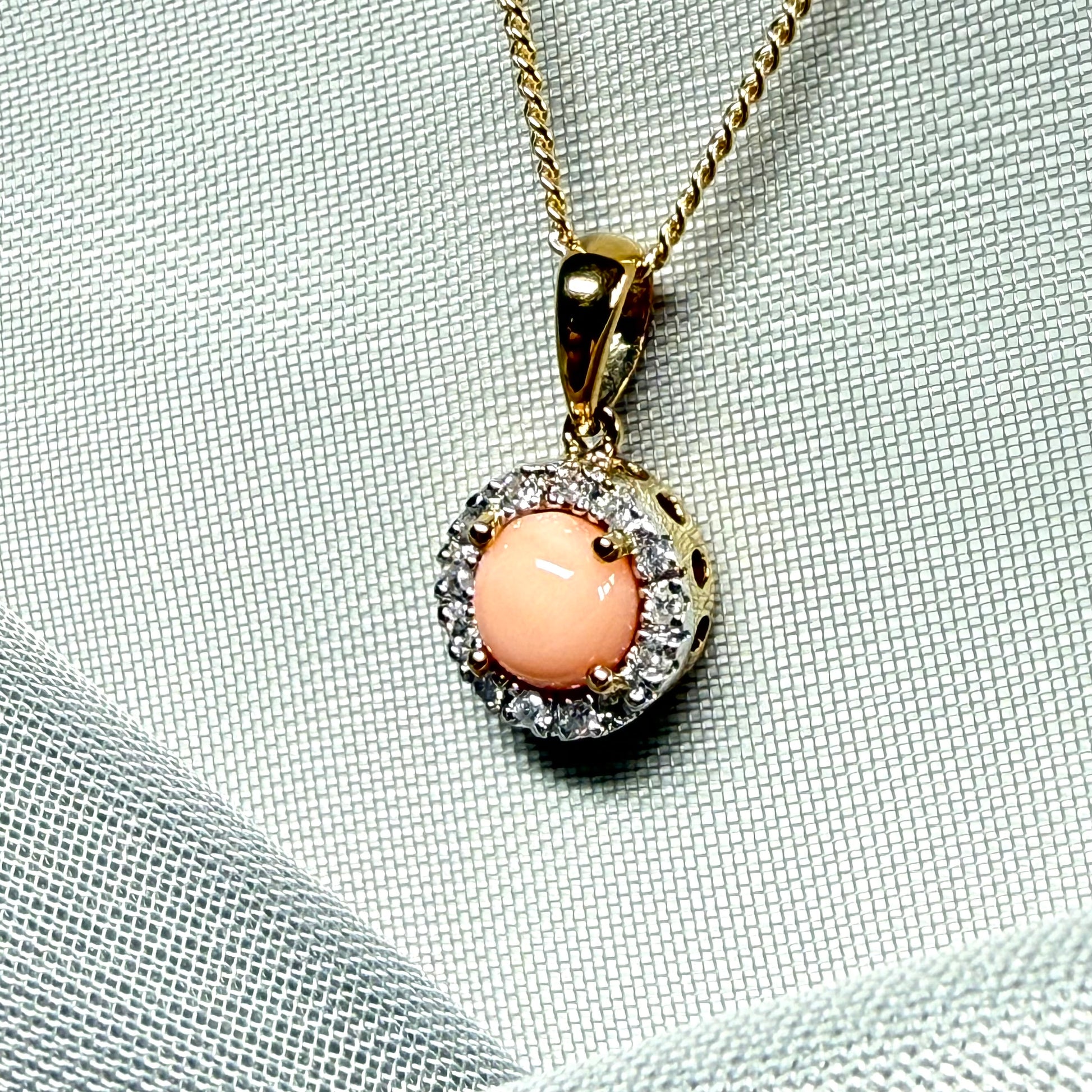 Real coral necklace with real diamond yellow gold round cluster pendant