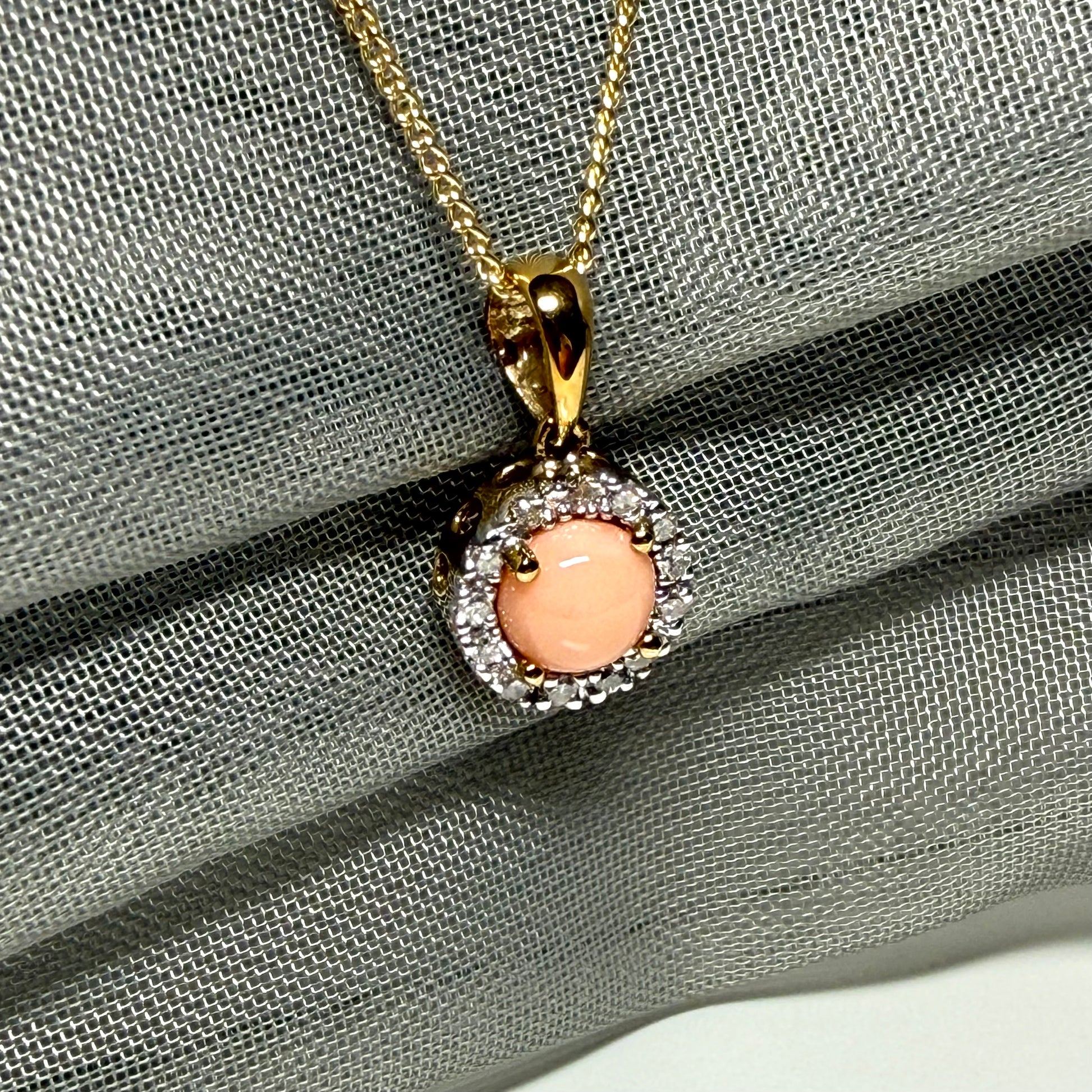 Real coral necklace with real diamond yellow gold round cluster pendant with a chain