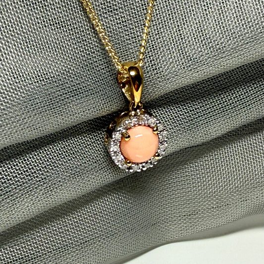 Real coral necklace with real diamond yellow gold round cluster pendant with a chain