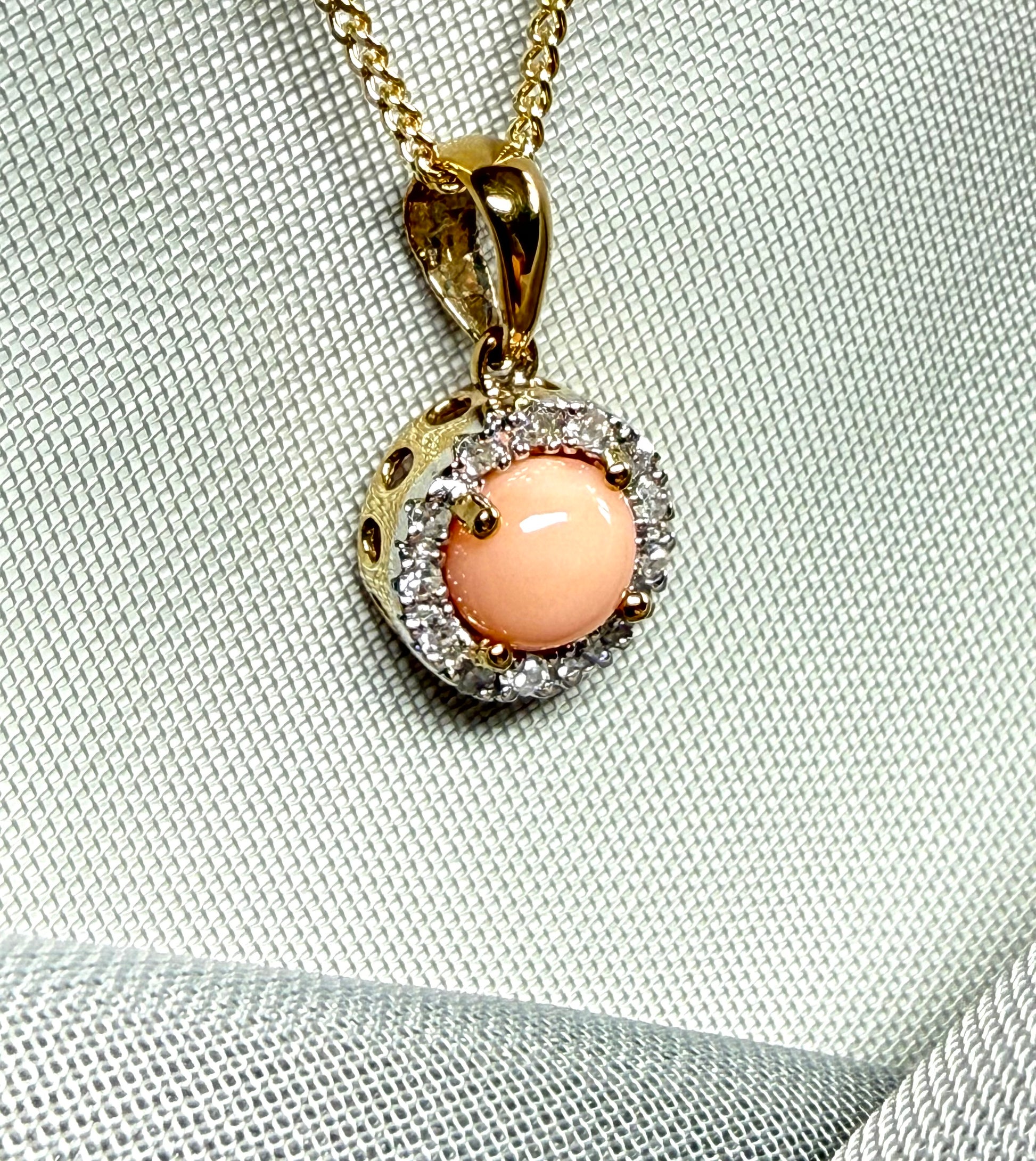 Real coral necklace with real diamond yellow gold round cluster pendant