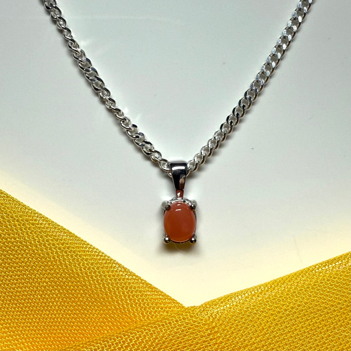 Real coral white gold oval necklace pendant with chain