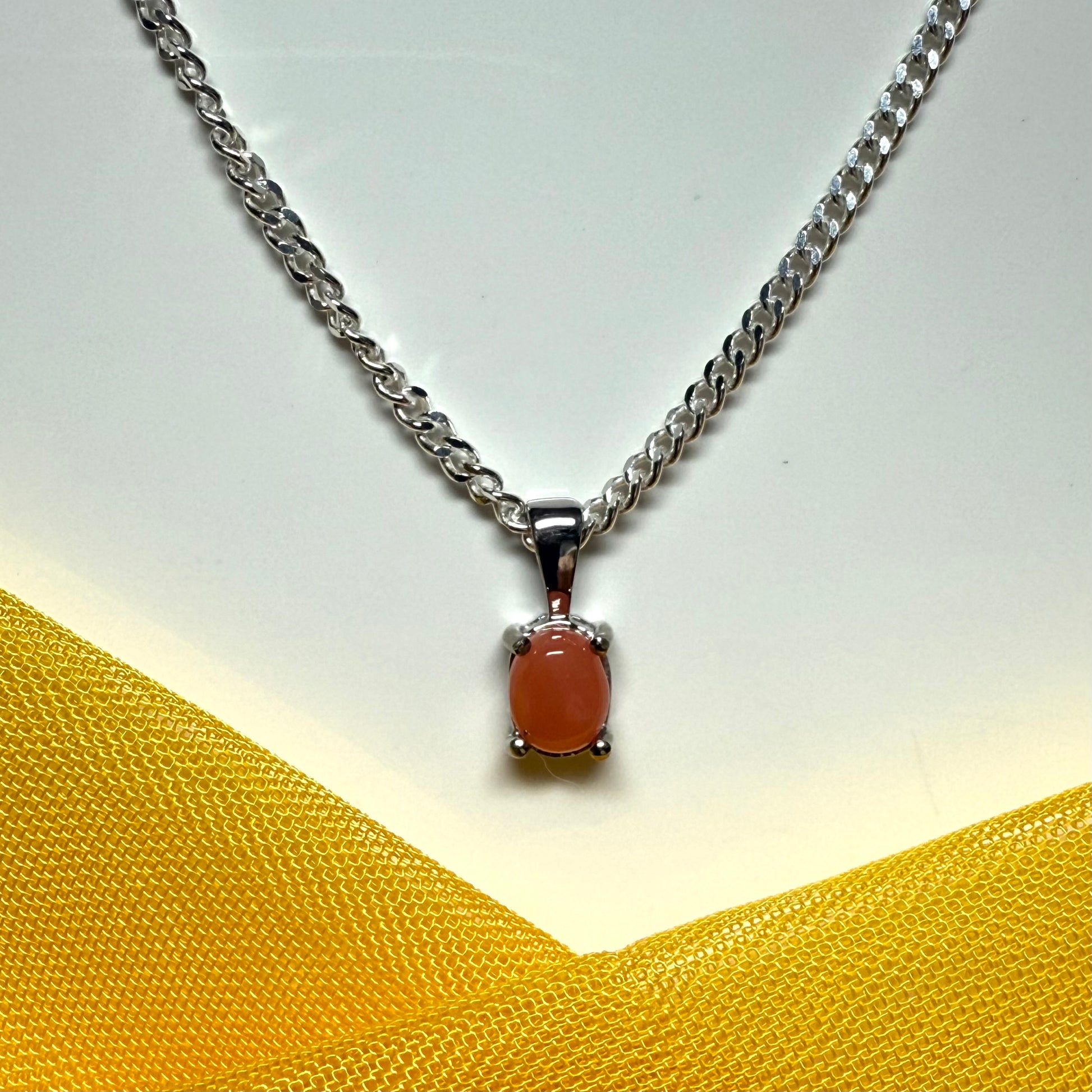 Real coral white gold oval necklace pendant with chain