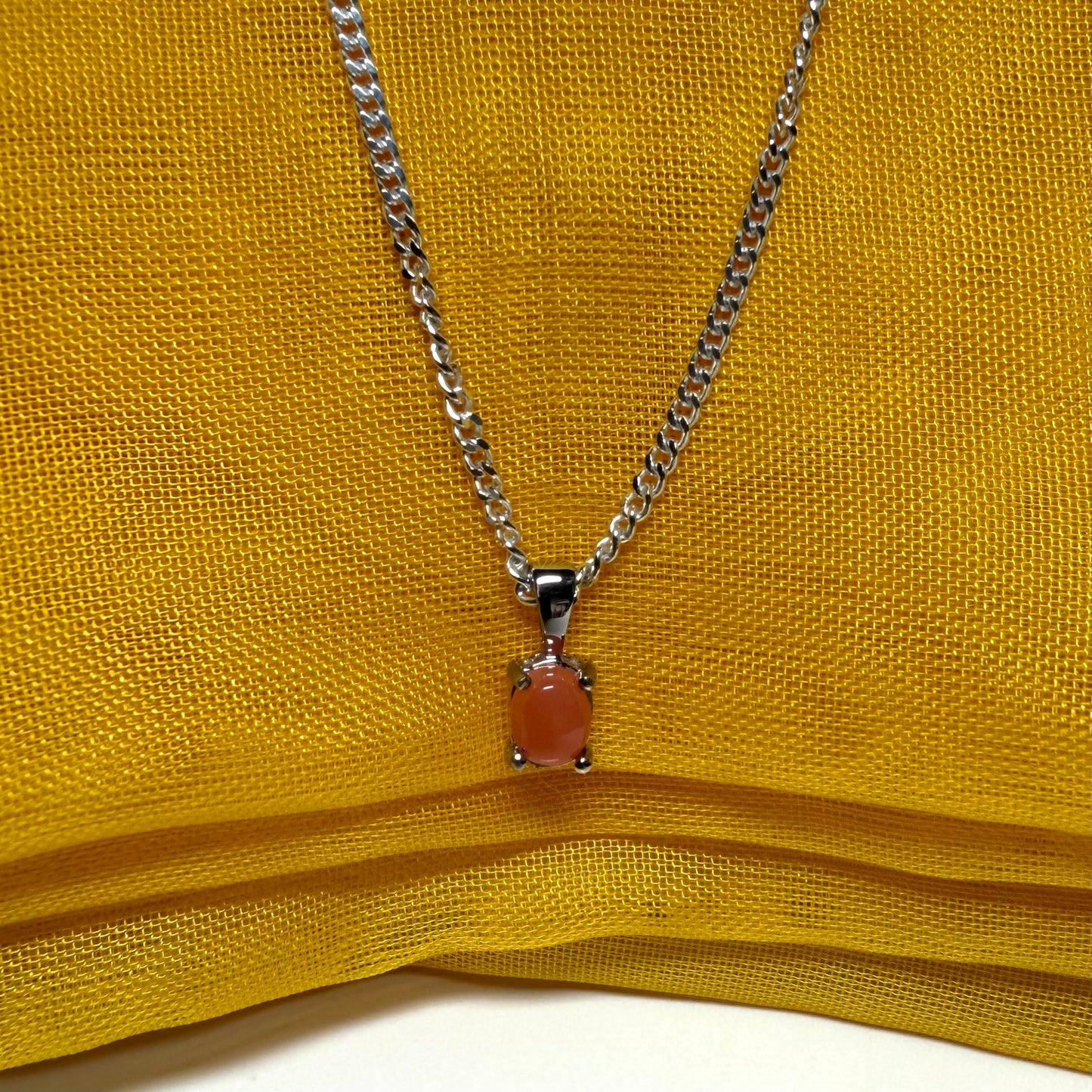Real coral white gold oval necklace pendant with chain