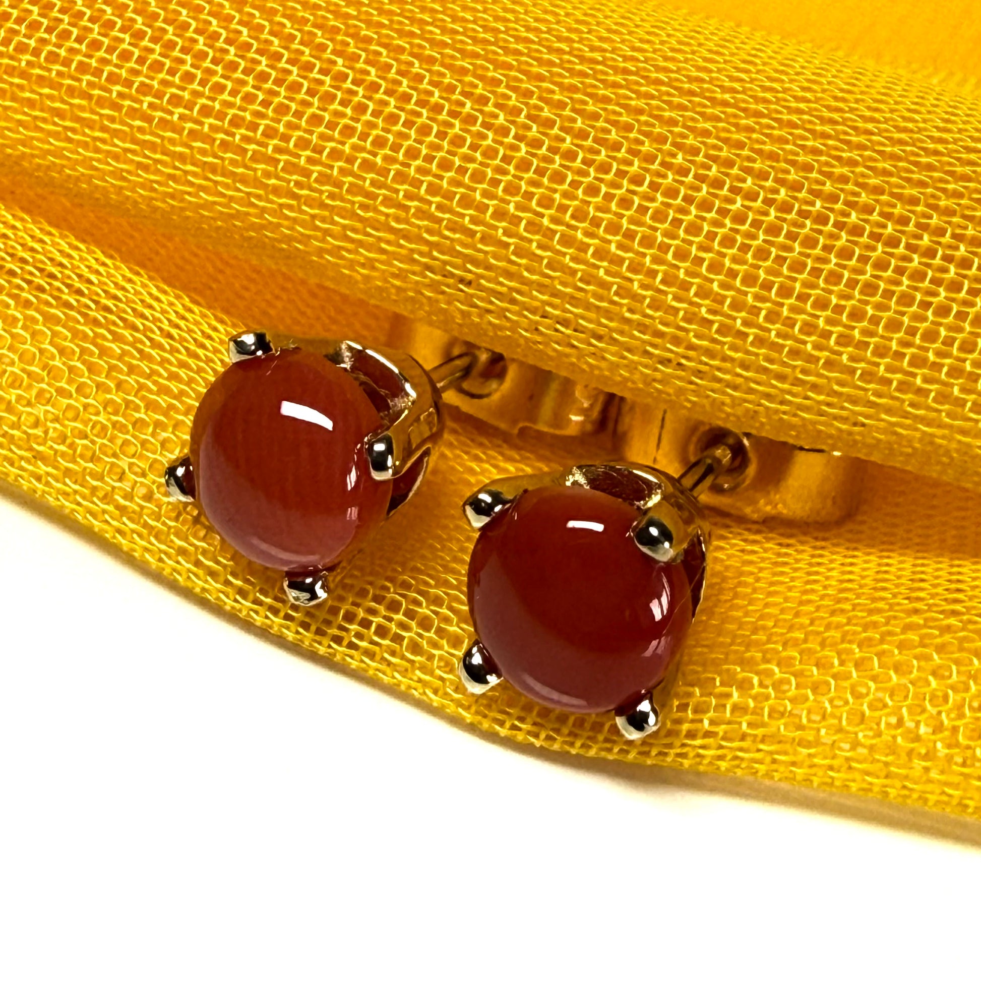 Real coral yellow gold round clawed set stud earrings