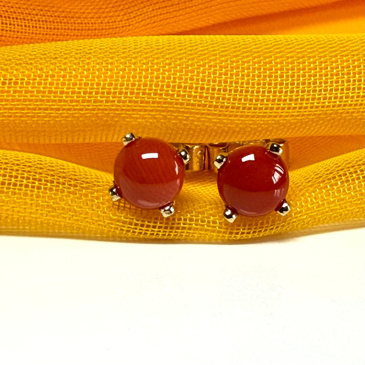 Real coral yellow gold round clawed set stud earrings