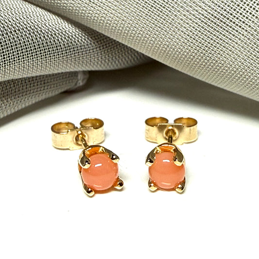 Real Coral yellow gold round simple four claw set stud earrings