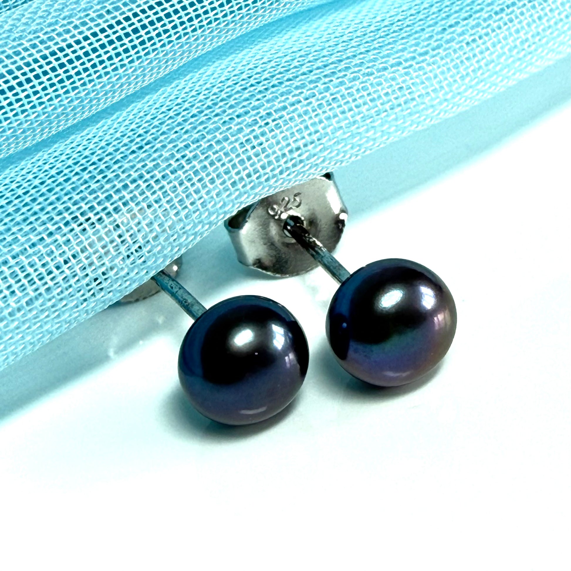 Real cultured freshwater grey black pearl earrings sterling silver 5.5 mm