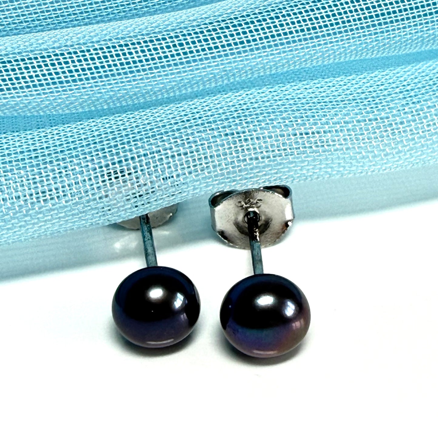 Real cultured freshwater grey black pearl earrings sterling silver 5.5 mm