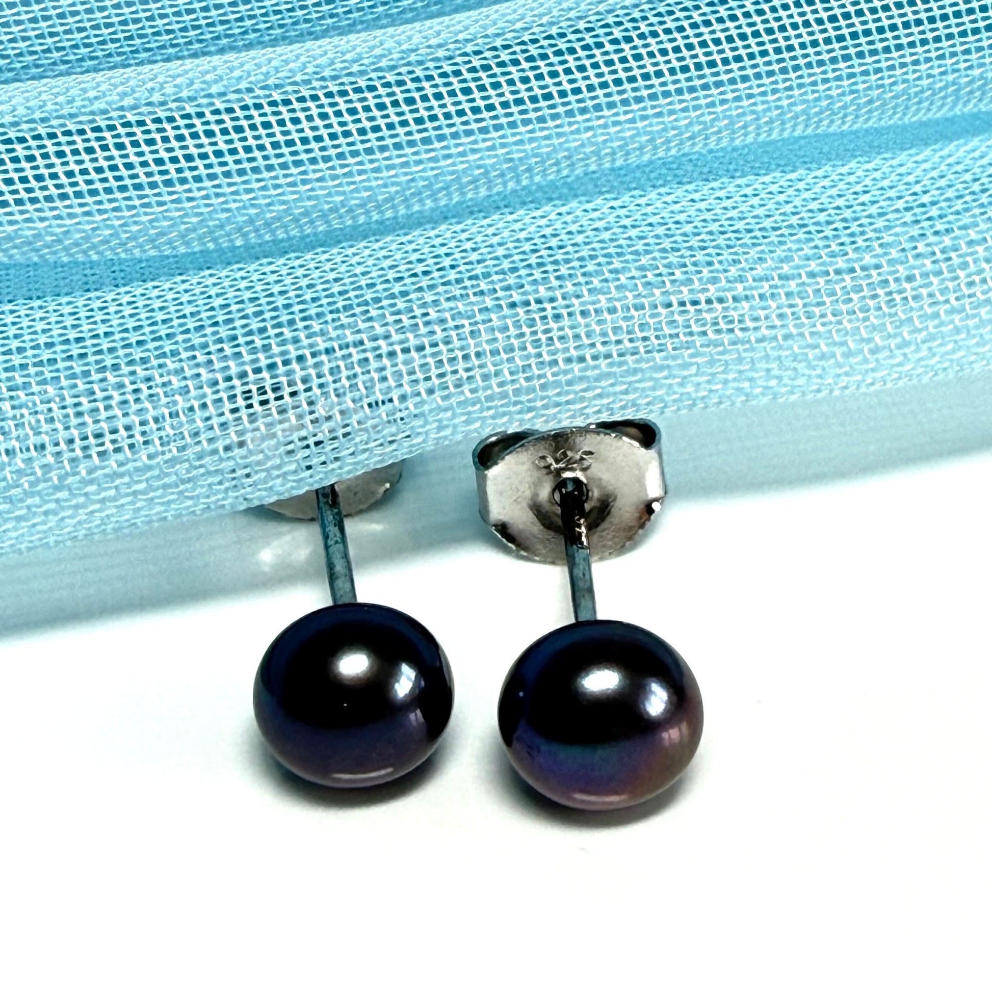 Real cultured freshwater grey black pearl earrings sterling silver 5.5 mm