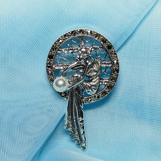 Real cultured freshwater pearl and real marcasite sterling silver brooch lady sitting
