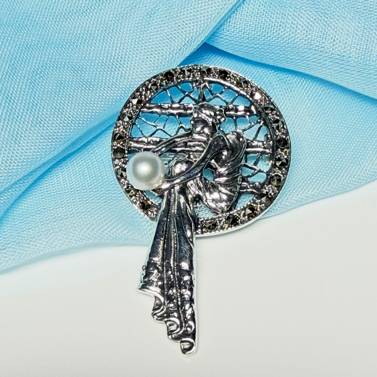 Real cultured freshwater pearl and real marcasite sterling silver brooch lady sitting playing with a ball