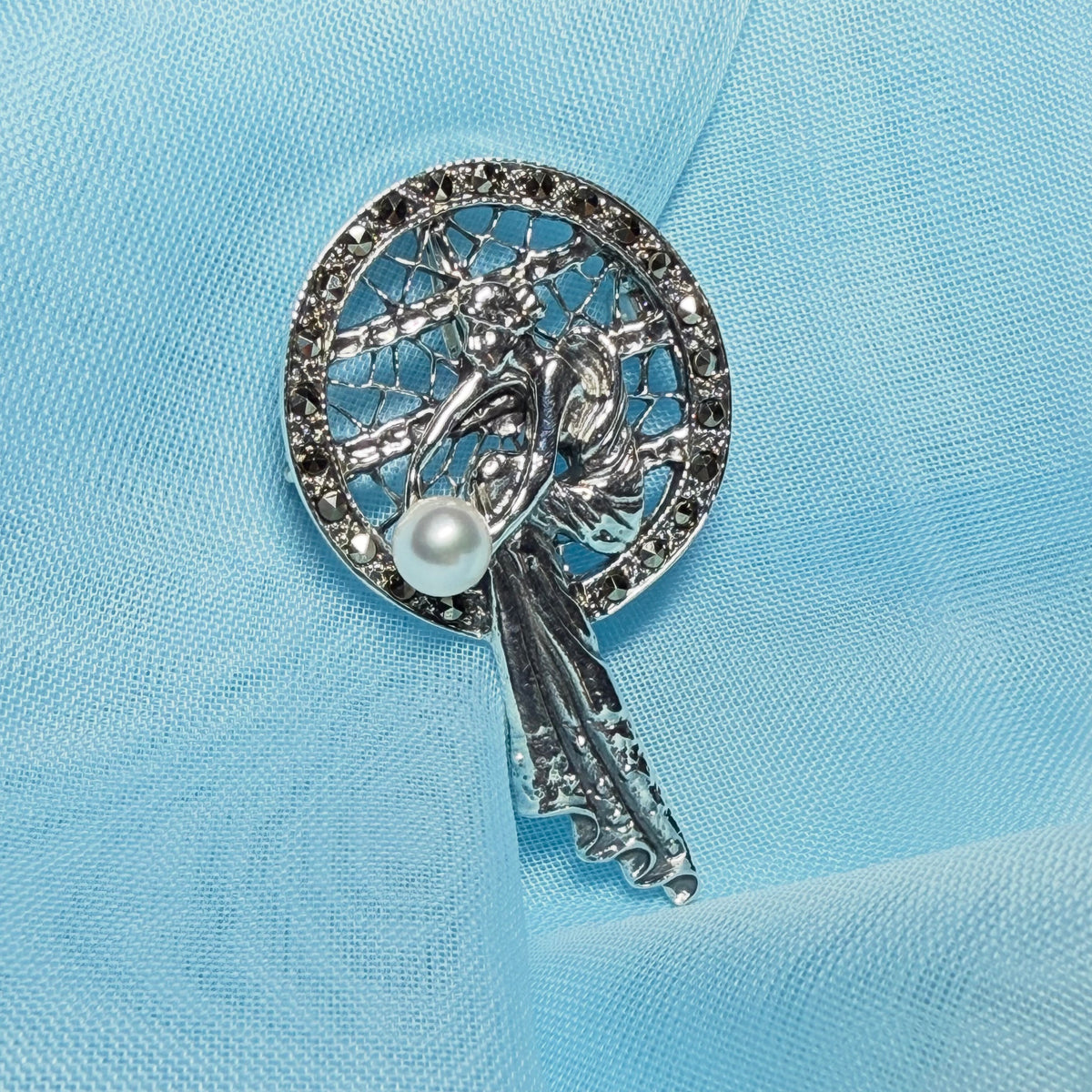 Real cultured freshwater pearl and real marcasite sterling silver brooch lady sitting playing with a ball