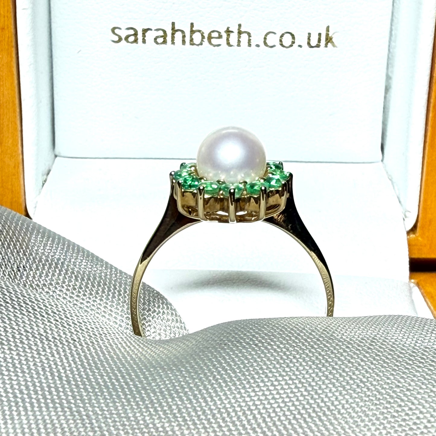Real cultured pearl and real emerald yellow gold round cluster ring